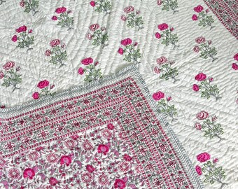 Pink Floral Hand Block Print Quilt: Reversible Cotton Bedding