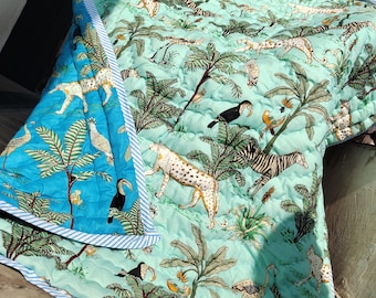 Hand Block Print Baby Quilt: Jungle Animals, Soft Cotton Comforter