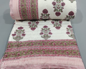 Handmade Jaipuri Reversible Cotton Quilt – Queen Size, Traditional Hand Block Print, Lightweight & Cozy Bedding