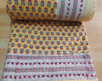 Floral Kantha Quilt: Hand Block Print Reversible Indian Throw