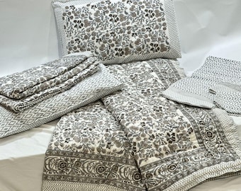 Cotton Block Print Queen Quilt, Reversible Floral Hand Stitched Quilt