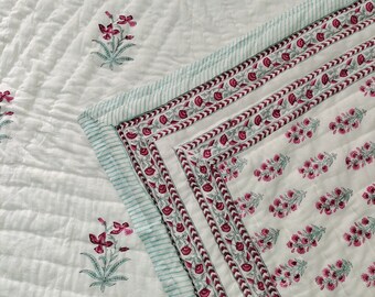 Hand Block Print Cotton Quilt: Pink Floral Jaipur Quilt