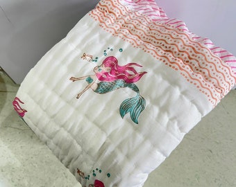 Hand Stitched Baby Quilt: Mermaid Design Cotton Mulmul Blanket