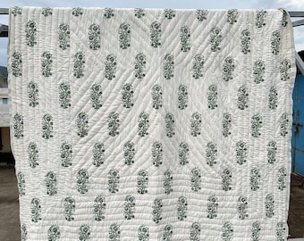 Authentic Rajasthani Handloom Cotton – Green Floral Block Print Fabric for Upholstery & Fashion