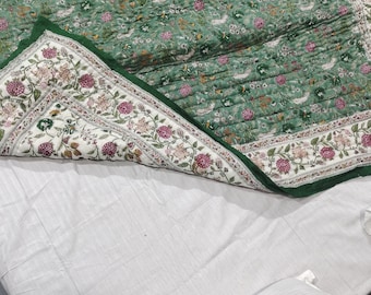 Hand Block Print Cotton Quilt: Twin Size Nautical Navy Reversible Throw