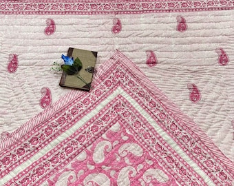 Hand Block Print Kantha Quilt: Indian Bedding, Queen Size