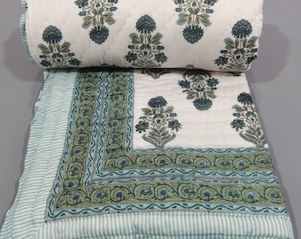 Hand Block Print Cotton Quilt: Floral Double Sided Reversible Throw