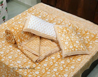 Mustard Yellow Floral Hand Block Print Cotton Quilt: Jaipuri Razai