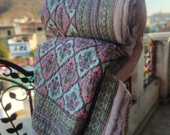 Hand Stitched Queen Cotton Quilt: Pink Floral Hand Block Print