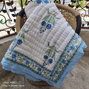 HandBlock Print Razai,Jaipuri Razai,Handmade Queen floral Cotton Quilt Handmade Quilt, Bedspread Hand Block Print,Cotton Quilt,Blanket Throw