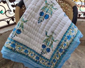 HandBlock Print Razai,Jaipuri Razai,Handmade Queen floral Cotton Quilt Handmade Quilt, Bedspread Hand Block Print,Cotton Quilt,Blanket Throw