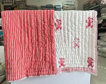 Hand Block Printed Crib Quilt Set: Pink Rabbit Design, Malmal Cotton