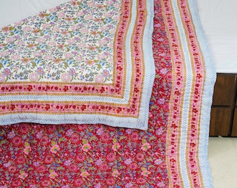 Hand Block Print Cotton Quilt: Indian Reversible Jaipuri Razai