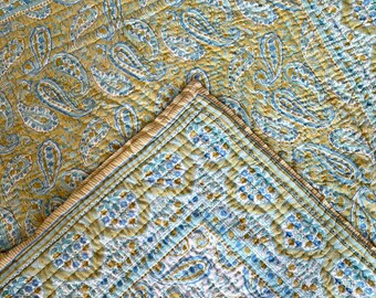 Hand-Stitched Paisley Queen Quilt: Reversible Cotton Bedding