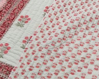 Hand Stitched Kantha Quilt: Paisley Block Print Organic Cotton Bedspread