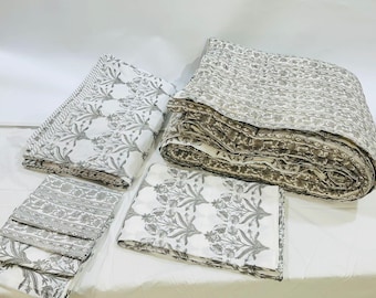 Handcrafted Cotton Block Print Queen Quilt: Floral Leaf Design