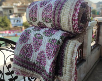 Hand Block Print Quilt: Pink Floral Cotton Reversible Comforter (90x108 inches)