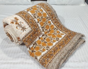 Multi Hand Block Printed Floral Quilt: White Cotton Bedspread