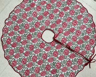 Hand Block Printed Poinsettia Tree Skirt, 55 Inch Cotton Christmas Decor