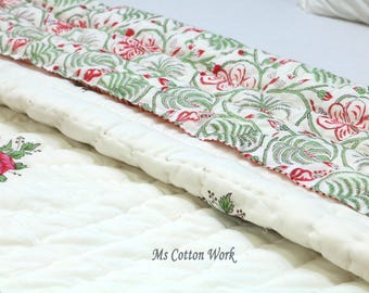 Pink Floral Hand Block Print Cotton Quilt | Kantha Stitched Indian Razai Bedding
