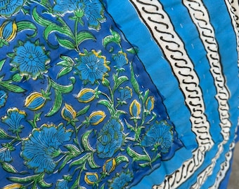 Blue Floral Hand Block Print Cotton Quilt, Reversible Indian Quilt
