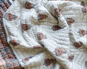 Floral Hand Block Print Cotton Quilt: Grey & Orange, 90x108 Inch