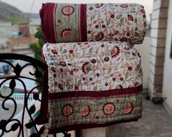 Red Rose Cotton Quilt: Hand Block Print Floral Blanket