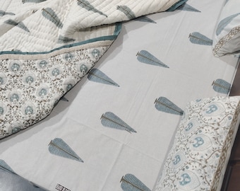 Hand Block Print Cotton Quilt Bedding Set: Floral Sheet & Pillow