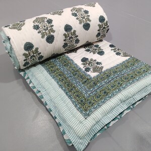 Hand Block Print Cotton Quilt: Floral Indian Razai Throw