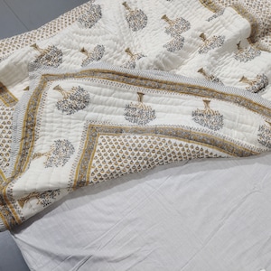 Hand Block Print Cotton Quilt: Banyan Tree Design, Queen Size