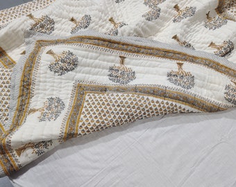 Hand Block Print Cotton Quilt: Banyan Tree Design, Queen Size