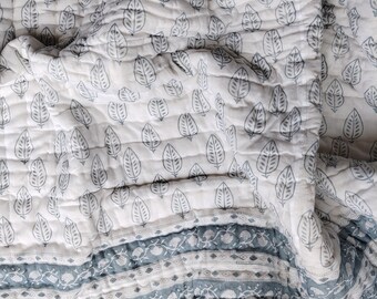 Hand Block Print Cotton Quilt: Gray Leaf Pattern, Queen Size