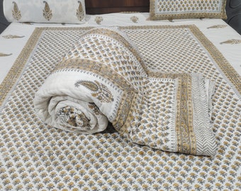 Hand Block Print Cotton Quilt Set: Floral Bedding, Jaipur Artisan Made