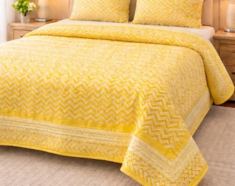 Boho Zig Zag Block Print Cotton Quilt, Hand Stitched Bedding, Queen Bedcover