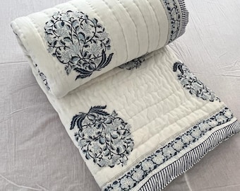 Hand Block Print Cotton Quilt, Jaipuri Floral Bedding