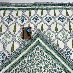 Floral Block Print Cotton Quilt: Hand Stitched Indian Bedding