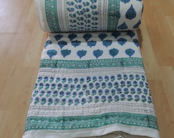 Hand Block Print Queen Quilt: Reversible Blue Floral Cotton Bedding