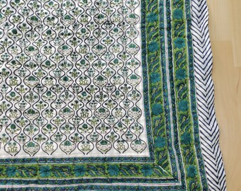 Hand Block Print Cotton Quilt: Green Floral Reversible Queen Blanket