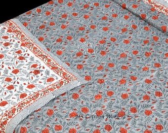 Hand Block Print Cotton Quilt: Reversible Floral Indian Bedding