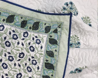 Hand Block Print Cotton Quilt: Reversible Floral Comforter, Machine Washable