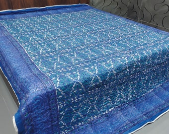 Handmade Block Print Cotton Quilt – Reversible Indigo Bohemian Bedspread (King/Queen Size)