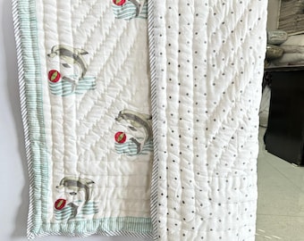 Hand Block Printed Dolphin Baby Quilt - Cotton Nursery Bedding