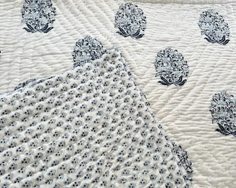 Hand Block Printed Cotton Quilt - King Size Blue Floral Razai