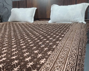 Handmade Dark Brown Block Print Queen Quilt: Washable Cotton Bedspread