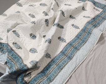 Hand Block Print Quilt: Reversible Cotton Kantha Bedspread