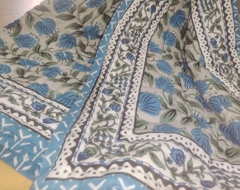 Blue Flower Hand Block Print Quilt - Reversible Cotton Queen Bedding