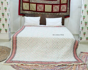 Hand Block Print Cotton Quilt: Reversible Floral Bedding Blanket