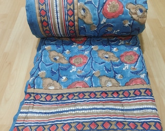 Hand Block Printed Cotton Quilt: Floral Jaipuri Razai Bedspread
