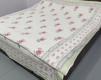 Pink Floral Boho Quilt: Hand Block Print Cotton Bedspread