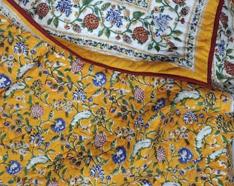 Reversible Hand Block Print Quilt: Jaipuri Floral Cotton Queen Razai